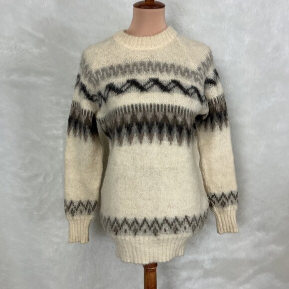 Vintage Alafoss Icewool Icelandic Wool Ivory, Gray, Brown Sweater XS - Picture 1 of 7